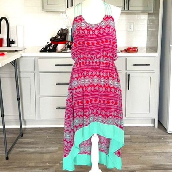 Umgee Hi Low Dress Pink Green Print Sleeveless Caged Back Size Large - Picture 2 of 8